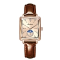 Montre carrée élégante pour femme en or rose avec bracelet cuir marron et cadran soleil lune - Or Rose Cuir Noir