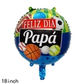 18-inch sports theme balloon with balls and Spanish Feliz Dia Papa text - 18 Inch Round Sports Balls Spanish Father's Day