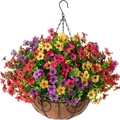 Detail of hanging basket with colorful artificial violet flowers and coconut palm liner - Mixed Red Yellow Purple Rose-25cm