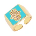 Gold-plated adjustable Hamsa Hand ring with turquoise enamel and micro-pave zircon detail - Sky Blue - Hamsa Hand