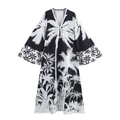 Women's tropical coconut tree print maxi dress in black and white with kimono sleeves - XS / Black