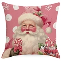 Roze linnen kussensloop met retro kerstman en sneeuwvlok patroon voor decoratie - Kerstman / 45x45cm/Geen vulling
