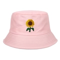 Pink cotton bucket hat with sunflower embroidery and reinforced brim for sun protection - Adjustable / Pink