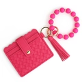 Rose red woven card holder set with silicone beaded wristlet and matching tassel charm - Rose Red