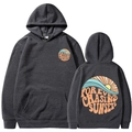 Dark gray hoodie featuring sunset wave graphic print and long sleeves in a flat-lay view - Dark Gray