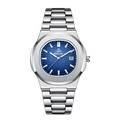 Men's slim quartz watch with blue horizontal stripe dial and silver stainless steel band - Silver Case Blue Dial