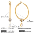 Detailed view of gold stainless steel hoop earrings with pear-cut zircon pendants - Gold Pear Zirconia Style (JDE0112222-PS-2) / Gold