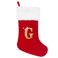 Detail van rode fluwelen kerstsok met witte imitatiebontrand en gouden letter G borduur - Grote Letter G / 20 inch