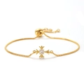 Detail view of gold adjustable box chain bracelet with zircon cross pendant and slider buckle - Style 6
