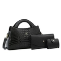 Elegant 3-piece set of black faux leather handbags with crocodile pattern and V-logo - Three-Piece Set / Black