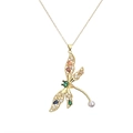 Gold plated necklace with colorful dragonfly pendant and pearl drop on white background - Dragonfly with Colored Stones and Artificial Pearl (CN001410CX)