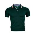Detail of dark green quick-dry polo shirt with red white striped collar and 3-button placket - Green