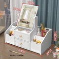 White wooden cosmetic organizer with dual drawers and mirror, 40cm wide vanity storage box - Large Double Grid Square Mirror