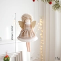 Detail view of plush angel hanging ornament with gold wings and size label 20cm - Brown