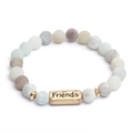 Matte natural stone beaded bracelet with golden Friends engraved plaque and metal accents - Friends Engraved Plate (G1170-3)