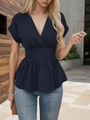 Navy blue V-neck peplum top with raglan sleeves and textured fabric detail - S / Navy Blue