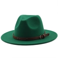 Detailed macro view of dark green wool felt fedora with brown leather buckle band - M (56-58cm) / Grass Green