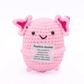 Pink crochet axolotl plush toy with positive axolotl card on white background - Fat Axolotl Pink Body Rose Red Gill P Card