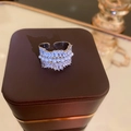 Zilveren gelaagde golvende open ring met rechthoekige zirkoon en kleine parels - Meerlaagse Rij Zirkonia Parel Stijl / Zilver