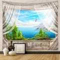 Detail of Mediterranean sea landscape tapestry showing window view and white curtains - Santorini Sea View (GT109953)