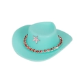 Green cowboy hat accessory with silver stars and red rhinestone trim for doll accessories - Green Cowboy Hat With Red Rhinestone Chain