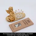 Goldener betender Engel mit Glaskrone-Kerzenhalter, Goldtablett und Teelicht-Set - Goldrand Kronenhalter + Betender Engel Mädchen (Gold) Set