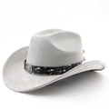 Detail of light gray suede cowboy hat with black star-patterned band and lion metal buckle - M (56-58cm) / Light Gray