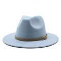 Light blue woolen fedora hat with brown leather belt trim and metal buckle detail - One Size(58cm) / Sky Blue