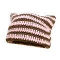 Pink and brown striped crochet cat ear beanie with handmade knit texture for women - One Size / Pink and Coffee