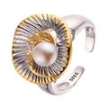 S925 sterling silver open ring featuring a white pearl and sparkling zircon accent - Two-Tone Natural Pearl