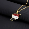 Macro detail of Syrian map pendant necklace with national flag enamel inlay on gold chain - Enamel Filling / Gold