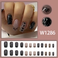 Sparkly black glitter and heart French tip press-on nails in 24pcs square round set - Black Glitter Heart French Style (W1286)