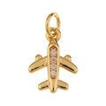 Detailed view of a gold aircraft pendant featuring four white cubic zirconia stones - Airplane
