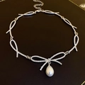 Silver bow choker necklace with sparkling rhinestones and a central pearl drop charm - Rhinestone Bowknot Choker Style (29#) / Silver