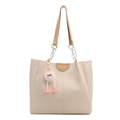 Minimalist beige tote bag with contrast brown patch and pink plush pendant on white background - Khaki - With Charm
