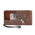 Cartera larga de cuero PU marrón con estampados de gatos y correa de mano desmontable - Retratos de Gatos Divertidos