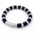 Herrenarmband aus schwarzem Gummi und Edelstahl mit gerändelten Perlen und Verschluss - Silberner Stil (KB204664-SJ)