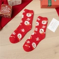 Detailed close-up of thick red coral fleece Christmas socks with festive Santa patterns - One Size / Red Santa Claus
