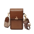 Brown leather crossbody phone bag with gold sprout buckle and striped fabric strap - Dark Brown