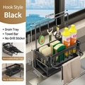 Black stainless steel kitchen sink organizer with drain tray and towel bar attachment - Model with Hooks and Bar / Black