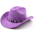 Chapeau de cowboy violet en daim avec bande perlée ethnique et pendentif main de Fatima - M (56-58cm) / Violet Taro