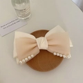 Elegant cream bow hair claw clip with satin finish and white pearl embellishments - Beige Pearl Bow Duckbill Clip