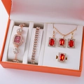 5-teiliges Schmuckset in Roségold mit roter Kristalluhr, Armband, Ohrringen und Ring - Roségold Rotes Rechteck Set (Ohne Box)