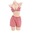 Dettaglio del set a quadri rossi e bianchi con top a fascia e pantaloncini coordinati - S / Rosso