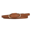 Slim brown leather belt with gold oval buckle, coiled on a white background for women - Camel