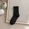 Black cotton blend crew socks with elegant frill trim edges for women - One Size / Black