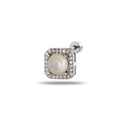 Square silver stud earring featuring center pearl and shimmering zircon halo detail - White (Single Piece)