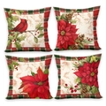 4er-Set Weihnachts-Kissenbezüge mit Kardinalvögeln, Weihnachtsstern und Karo-Muster - Kardinal & Weihnachtsstern (4er-Set) / 45x45cm