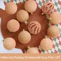 Set of 12 dusty pink flocked Christmas ornaments with hollow and glitter texture, 6cm diameter - Hollowed-out Flocked Christmas Balls (grey Pink) 12pcs