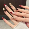 Faux ongles rouges élégants avec fleurs 3D et strass en zircon au style français - XS / Ovale Long